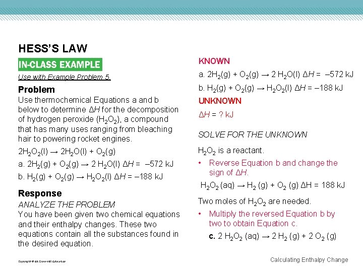 HESS’S LAW KNOWN Use with Example Problem 5. a. 2 H 2(g) + O
