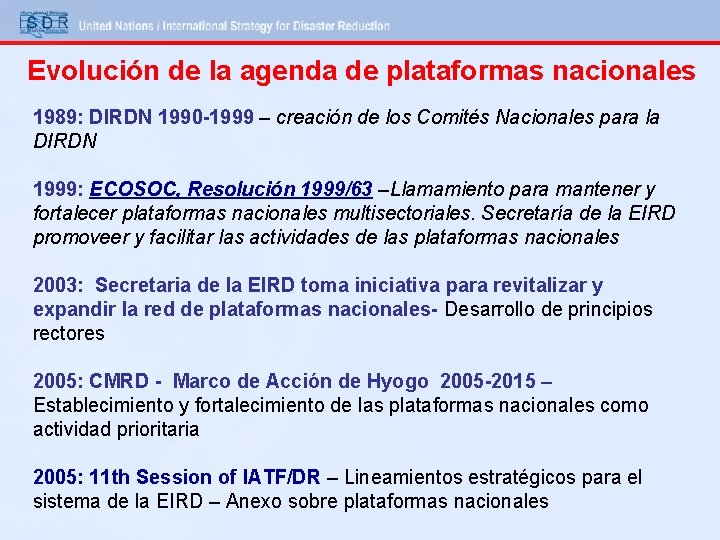 Evolución de la agenda de plataformas nacionales 1989: DIRDN 1990 -1999 – creación de
