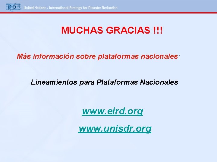 MUCHAS GRACIAS !!! Más información sobre plataformas nacionales: Lineamientos para Plataformas Nacionales www. eird.