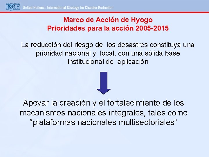 Marco de Acción de Hyogo Prioridades para la acción 2005 -2015 La reducción del