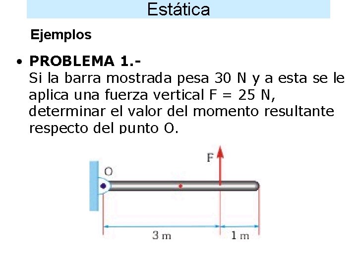 Estática Ejemplos • PROBLEMA 1. Si la barra mostrada pesa 30 N y a