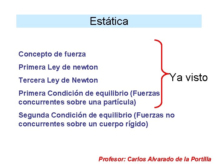 Estática Concepto de fuerza Primera Ley de newton Ya visto Tercera Ley de Newton