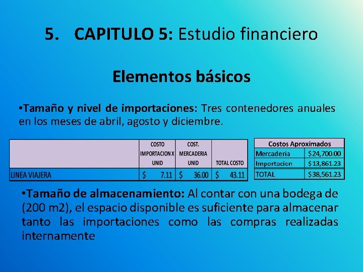 5. CAPITULO 5: Estudio financiero Elementos básicos • Tamaño y nivel de importaciones: Tres