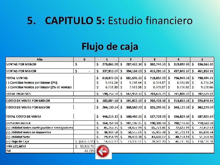 5. CAPITULO 5: Estudio financiero Flujo de caja 