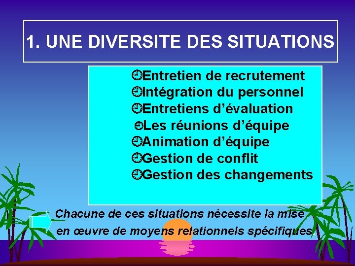 1. UNE DIVERSITE DES SITUATIONS ¿Entretien de recrutement ¿Intégration du personnel ¿Entretiens d’évaluation ¿Les