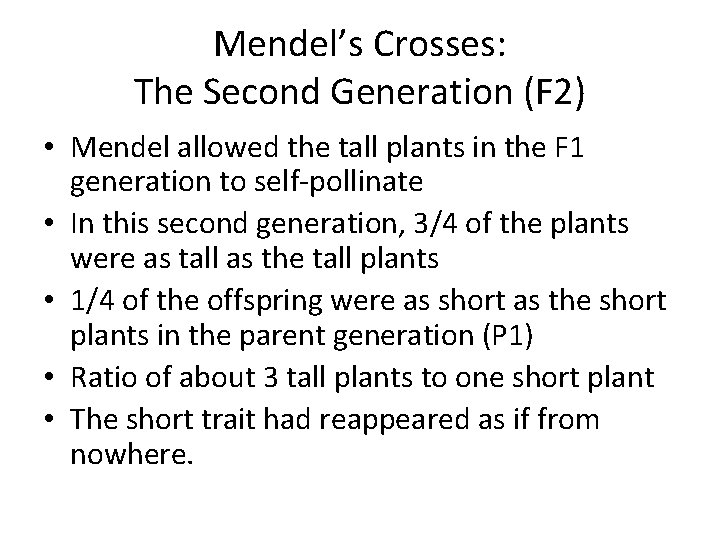 Mendel’s Crosses: The Second Generation (F 2) • Mendel allowed the tall plants in