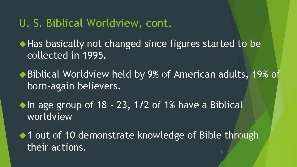 U. S. Biblical Worldview, cont. Has basically not changed since figures started to be