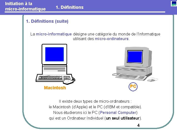 Initiation à la micro-informatique 1. Définitions (suite) La micro-informatique désigne une catégorie du monde
