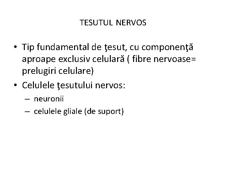 TESUTUL NERVOS • Tip fundamental de ţesut, cu componenţă aproape exclusiv celulară ( fibre