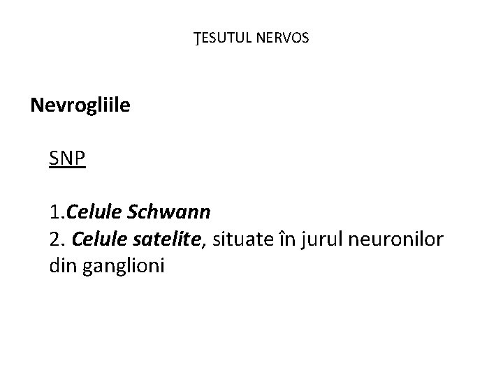ŢESUTUL NERVOS Nevrogliile SNP 1. Celule Schwann 2. Celule satelite, situate în jurul neuronilor