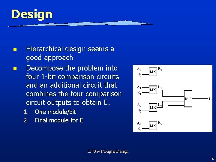 Design n n Hierarchical design seems a good approach Decompose the problem into four