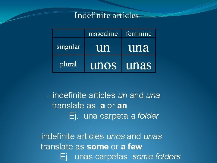 Indefinite articles masculine singular plural feminine un una unos unas - indefinite articles un