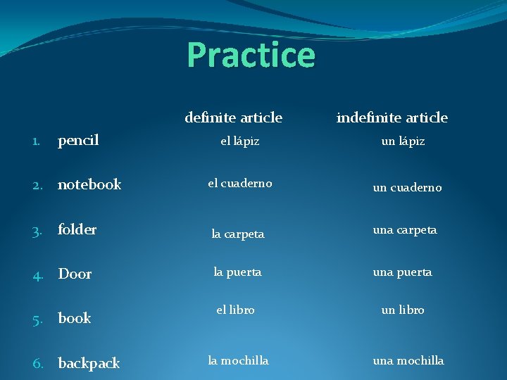 Practice definite article indefinite article pencil el lápiz 2. notebook el cuaderno un cuaderno