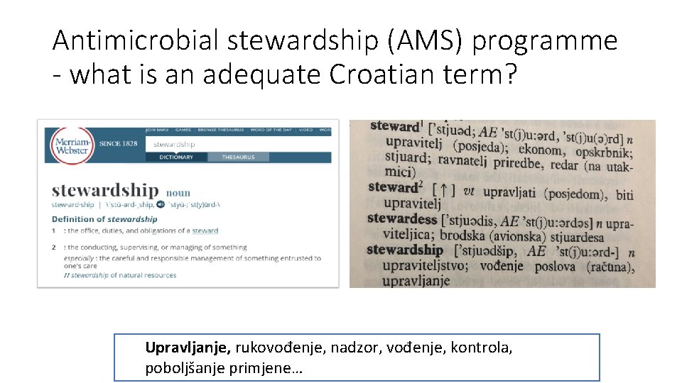 Antimicrobial stewardship (AMS) programme - what is an adequate Croatian term? Upravljanje, rukovođenje, nadzor,