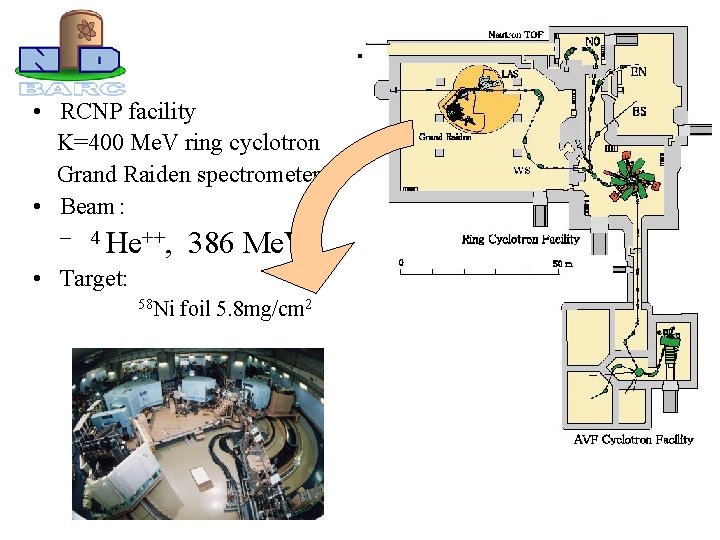 . • RCNP facility K=400 Me. V ring cyclotron Grand Raiden spectrometer • Beam：