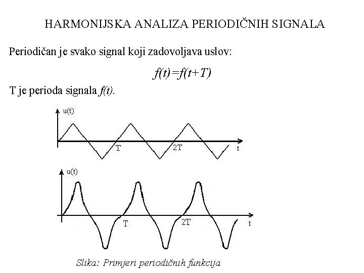 HARMONIJSKA ANALIZA PERIODIČNIH SIGNALA Periodičan je svako signal koji zadovoljava uslov: f(t)=f(t+T) T je HARMONIJSKA ANALIZA PERIODIČNIH SIGNALA Periodičan je svako signal koji zadovoljava uslov: f(t)=f(t+T) T je