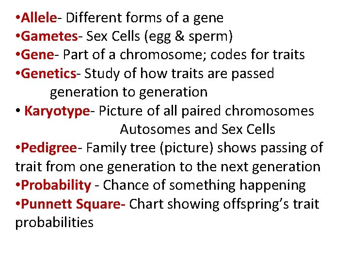 • Allele- Different forms of a gene • Gametes- Sex Cells (egg &