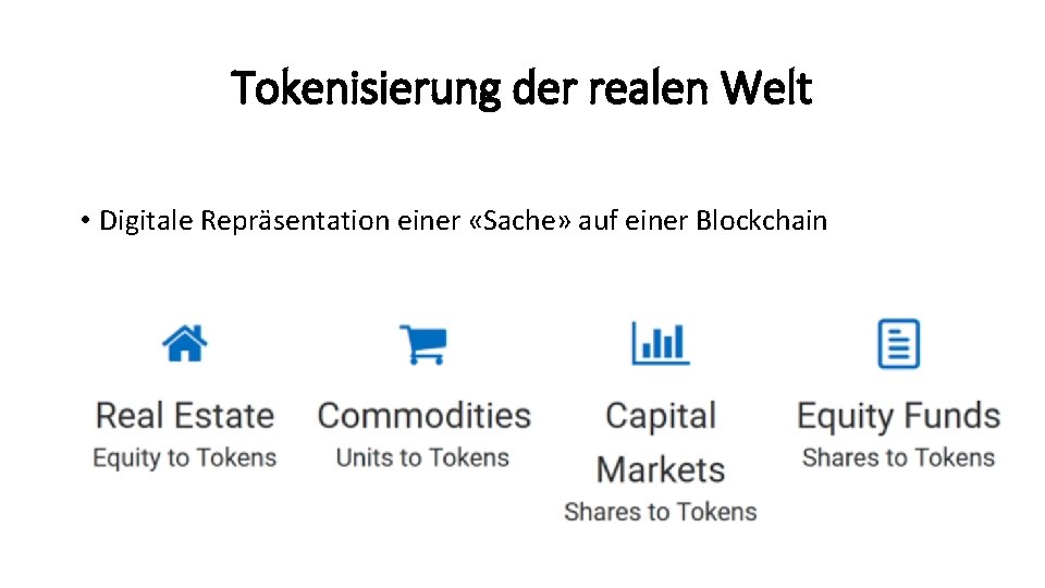 Tokenisierung der realen Welt • Digitale Repräsentation einer «Sache» auf einer Blockchain 