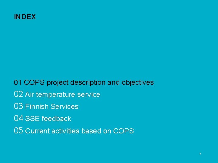 INDEX 02 Air temperature service 03 Finnish Services 04 SSE feedback 05 Current activities