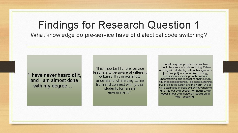 Findings for Research Question 1 What knowledge do pre-service have of dialectical code switching?