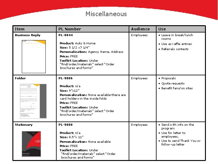 Miscellaneous Item PL Number Audience Use Business Reply PL-8044 Employees • Leave in break/lunch