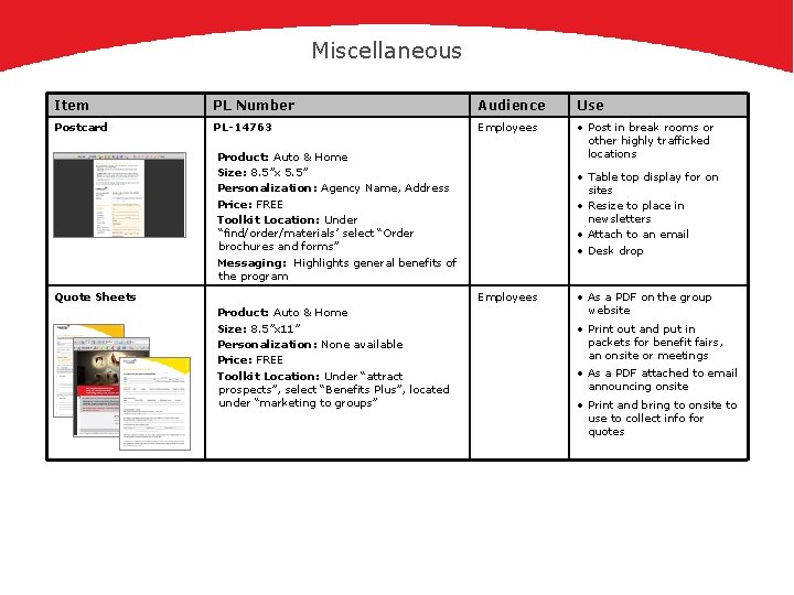 Miscellaneous Item PL Number Audience Use Postcard PL-14763 Employees • Post in break rooms