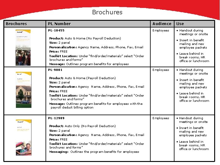 Brochures PL Number Audience Use PL-10455 Employees • Handout during meetings or onsite Product:
