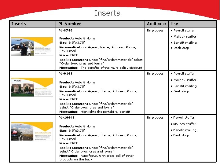 Inserts PL Number Audience Use PL-8786 Employees • Payroll stuffer • Mailbox stuffer Product: