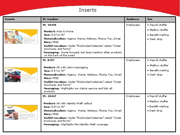 Inserts PL Number Audience Use PL-10449 Employees • Payroll stuffer • Mailbox stuffer Product: