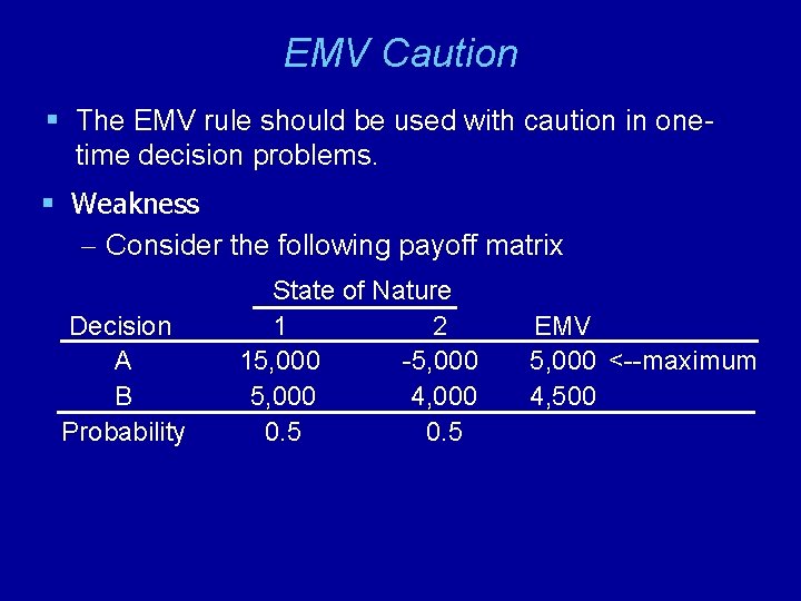 EMV Caution § The EMV rule should be used with caution in onetime decision