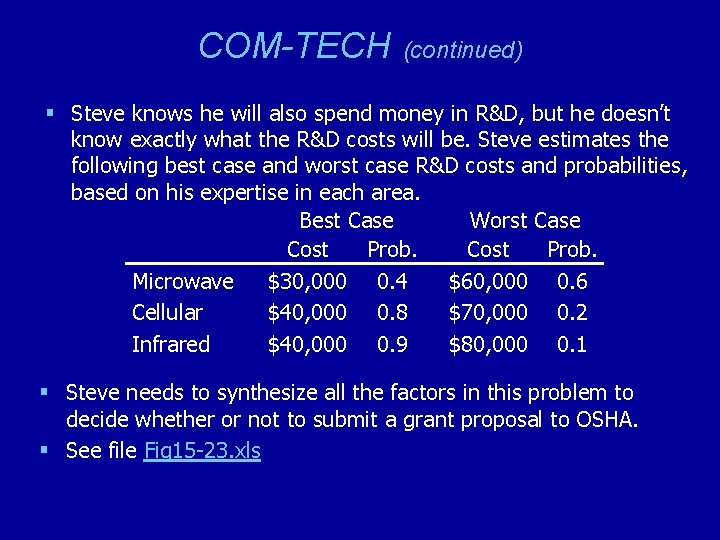 COM-TECH (continued) § Steve knows he will also spend money in R&D, but he