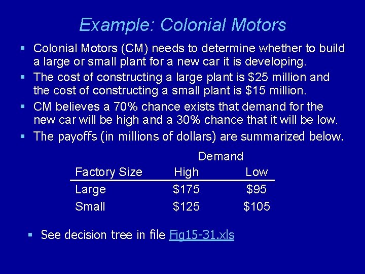Example: Colonial Motors § Colonial Motors (CM) needs to determine whether to build a