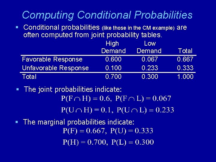 Computing Conditional Probabilities § Conditional probabilities (like those in the CM example) are often