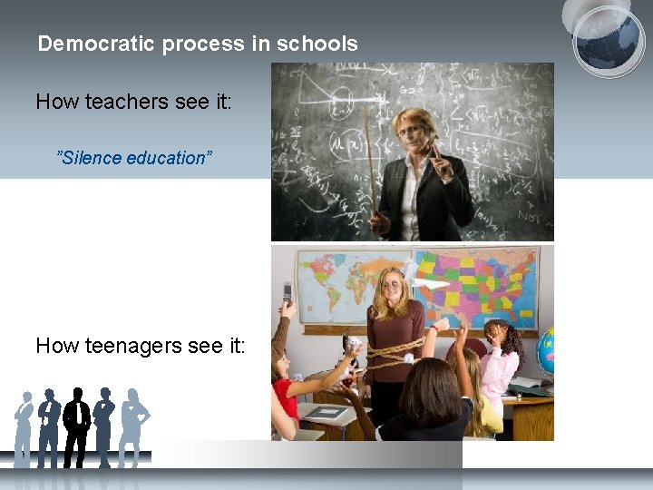 Democratic process in schools How teachers see it: ”Silence education” How teenagers see it: Democratic process in schools How teachers see it: ”Silence education” How teenagers see it: