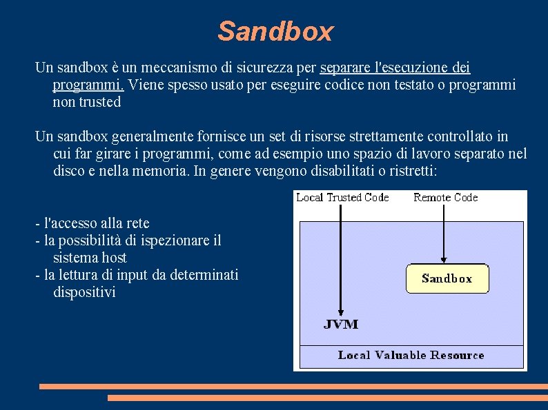 Sandbox Un sandbox è un meccanismo di sicurezza per separare l'esecuzione dei programmi. Viene