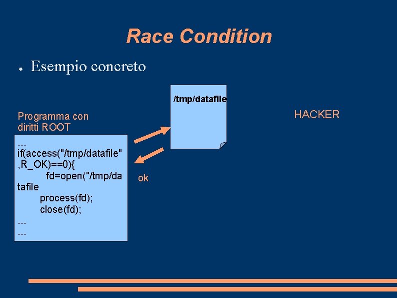 Race Condition ● Esempio concreto /tmp/datafile Programma con diritti ROOT. . . if(access("/tmp/datafile" ,