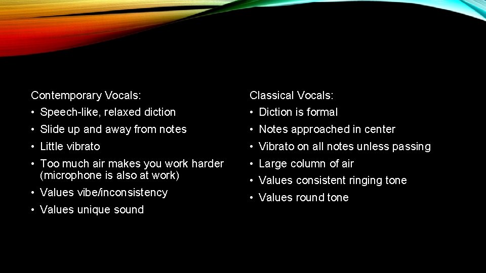 Contemporary Vocals: Classical Vocals: • Speech-like, relaxed diction • Diction is formal • Slide Contemporary Vocals: Classical Vocals: • Speech-like, relaxed diction • Diction is formal • Slide