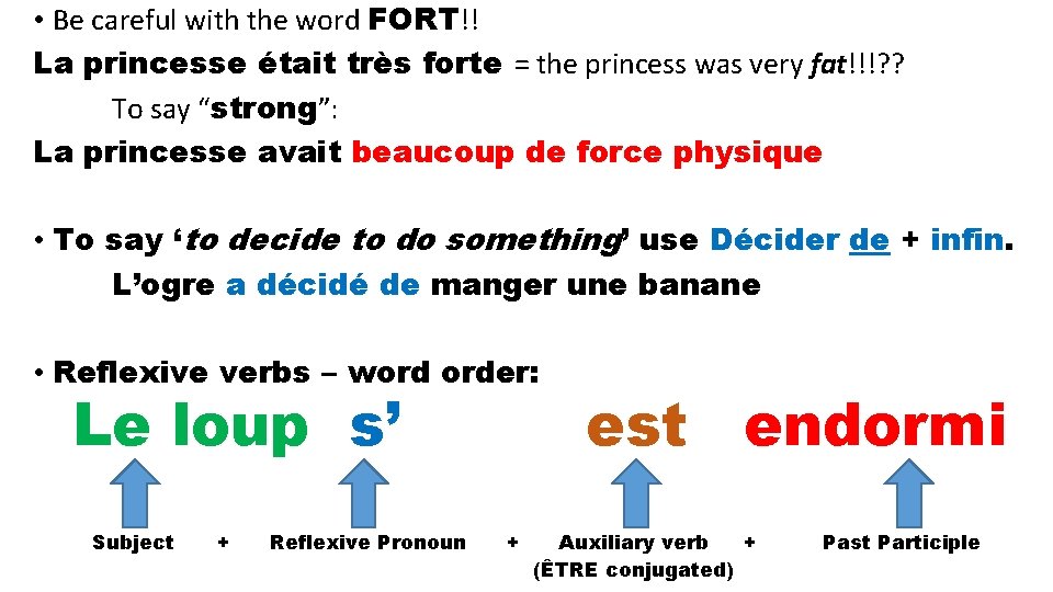  • Be careful with the word FORT!! La princesse était très forte =