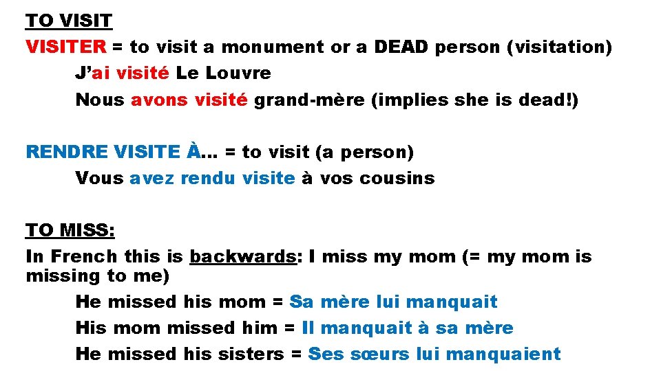 TO VISITER = to visit a monument or a DEAD person (visitation) J’ai visité