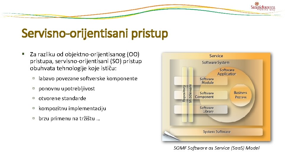 Servisno-orijentisani pristup § Za razliku od objektno-orijentisanog (OO) pristupa, servisno-orijentisani (SO) pristup obuhvata tehnologije