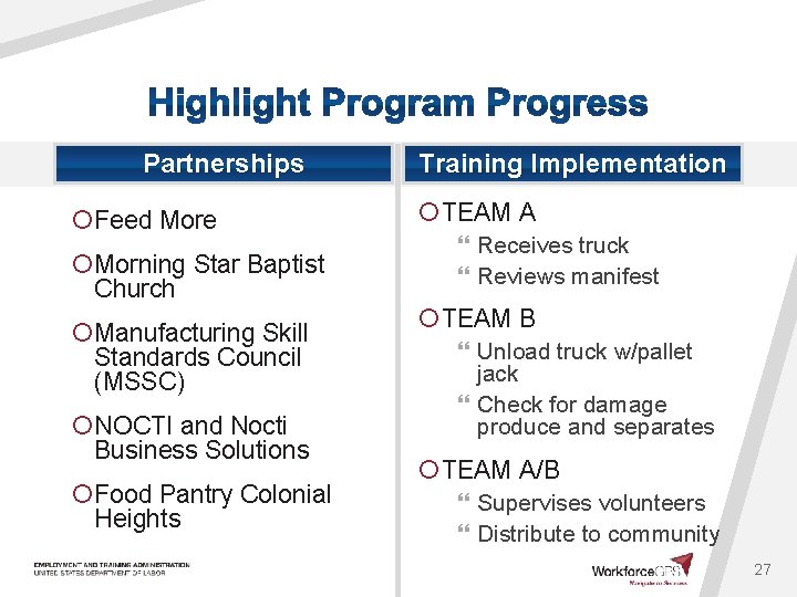 Partnerships ¡Feed More ¡Morning Star Baptist Church ¡Manufacturing Skill Standards Council (MSSC) ¡NOCTI and