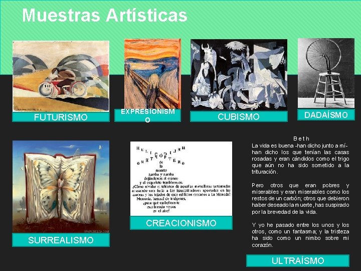 Muestras Artísticas FUTURISMO EXPRESIONISM O CUBISMO DADAÍSMO Beth La vida es buena -han dicho