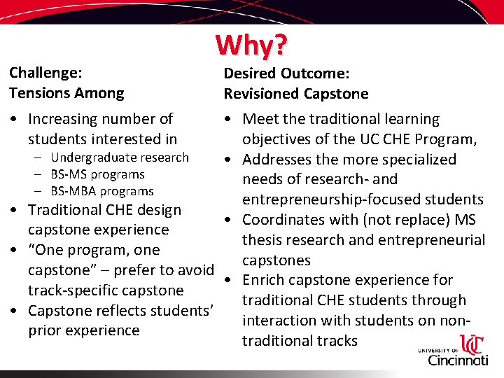 Challenge: Tensions Among • Increasing number of students interested in Why? Desired Outcome: Revisioned