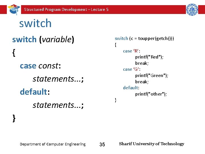 Structured Program Development – Lecture 5 switch (variable) { case const: statements. . .