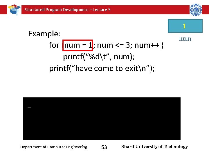 Structured Program Development – Lecture 5 Example: for (num = 1; num <= 3;