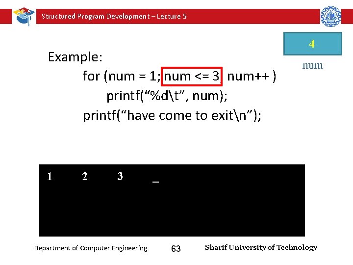 Structured Program Development – Lecture 5 Example: for (num = 1; num <= 3;