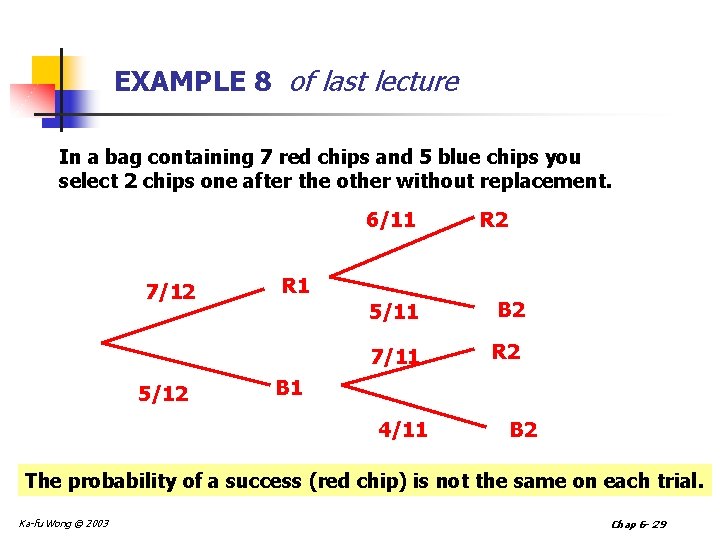 EXAMPLE 8 of last lecture In a bag containing 7 red chips and 5