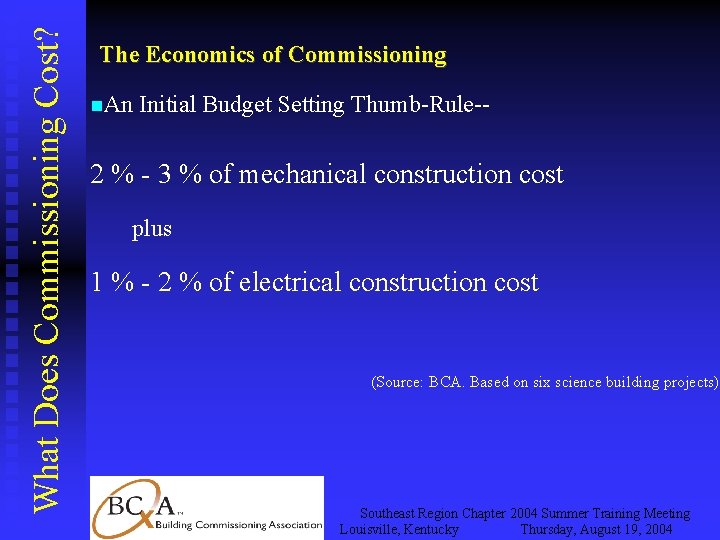 What Does Commissioning Cost? The Economics of Commissioning An Initial Budget Setting Thumb-Rule-- 2