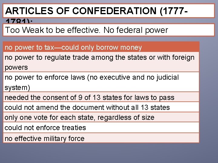 ARTICLES OF CONFEDERATION (17771781): Too Weak to be effective. No federal power no power