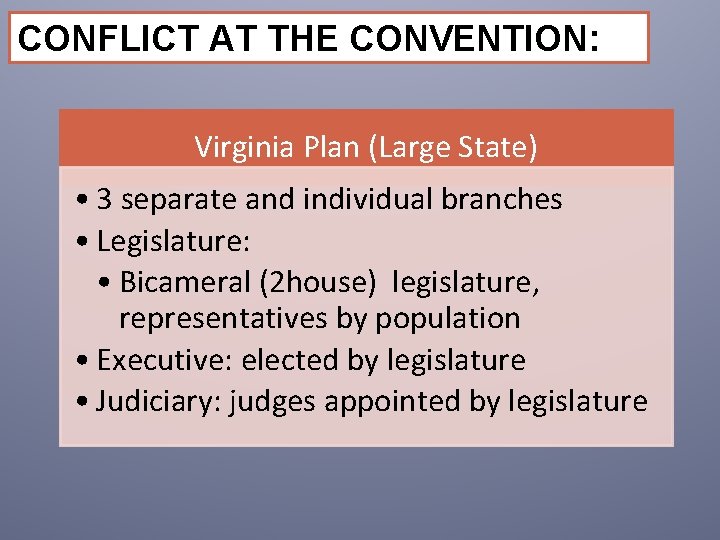 CONFLICT AT THE CONVENTION: Virginia Plan (Large State) • 3 separate and individual branches